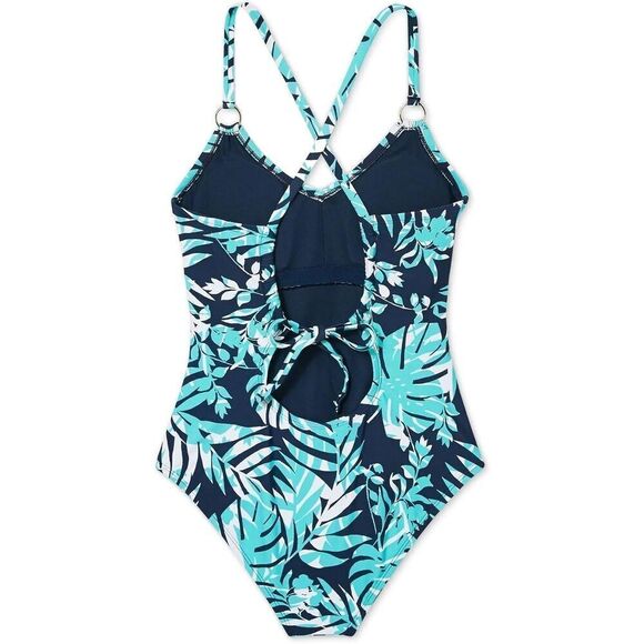 Kona Sol Size S Loop Back One Piece Swimsuit Navy Aqua Palm Print Tropical Beach - Picture 3 of 11